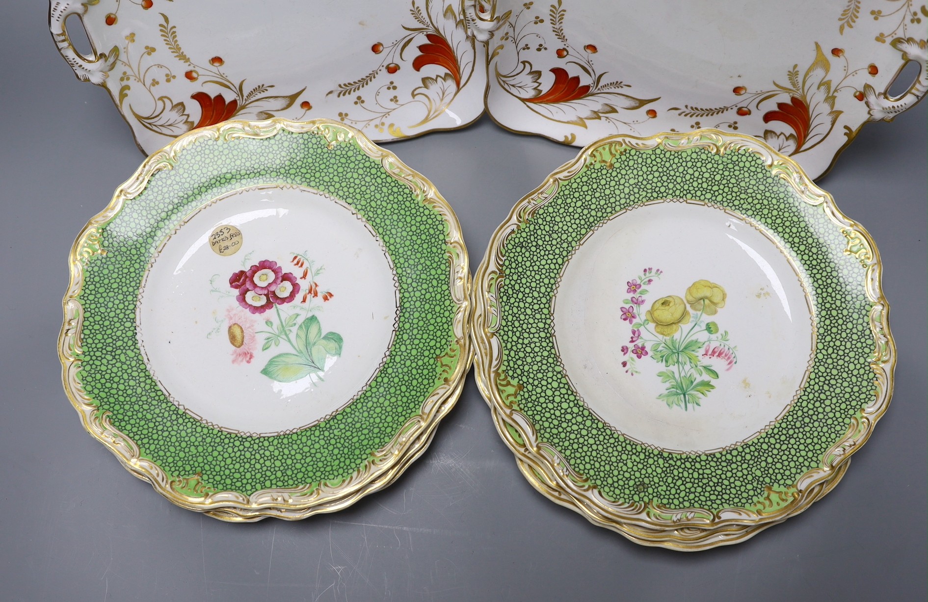 A set of six Copeland Garrett Late Spode dessert dishes, painted with botanical specimens, together with a pair of Victorian two handled cake dishes (8)